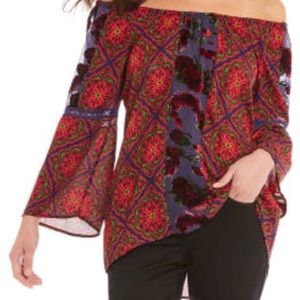 Boho Fig and Flower off shoulder Burnout Tunic top